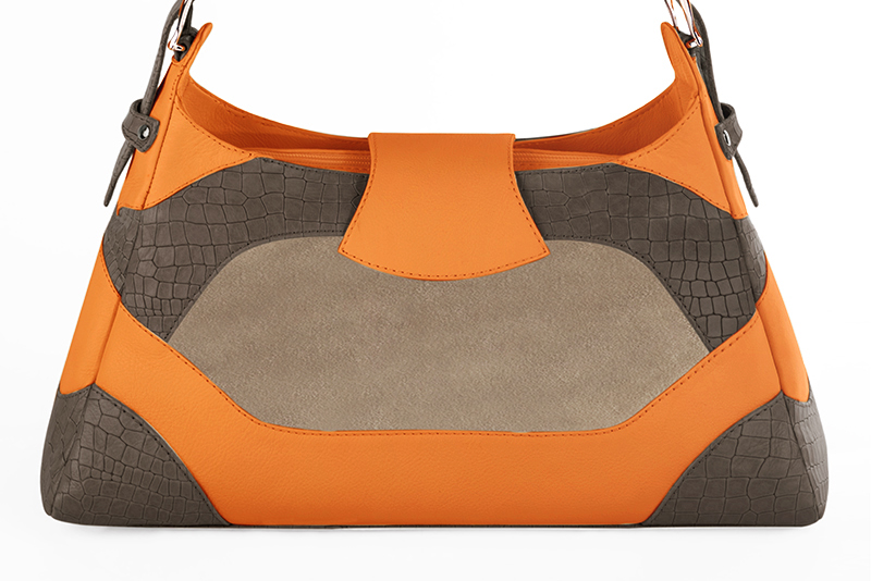 Dress handbag in taupe brown, tan beige and apricot orange leather - Rear view